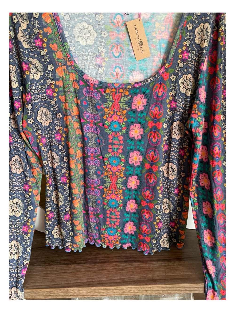 NATURAL LIFE Navy Multicolor Floral Long Sleeve Scoop Top, Size XL - Picture 2 of 8
